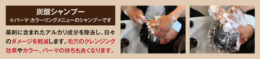 炭酸シャンプー　薬剤に含まれたアルカリ成分を除去し、日々のダメージを軽減します。毛穴のクレンジング効果やカラー、パーマの持ちも良くなります。